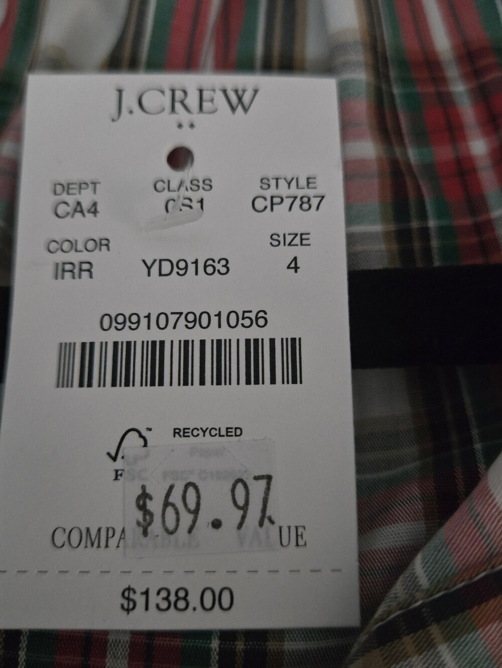 J. CREW Women Size 4 Plaid Cotton L/Sl Dress, Ruffle Neckline & Tie Belt NWT - Picture 3 of 12